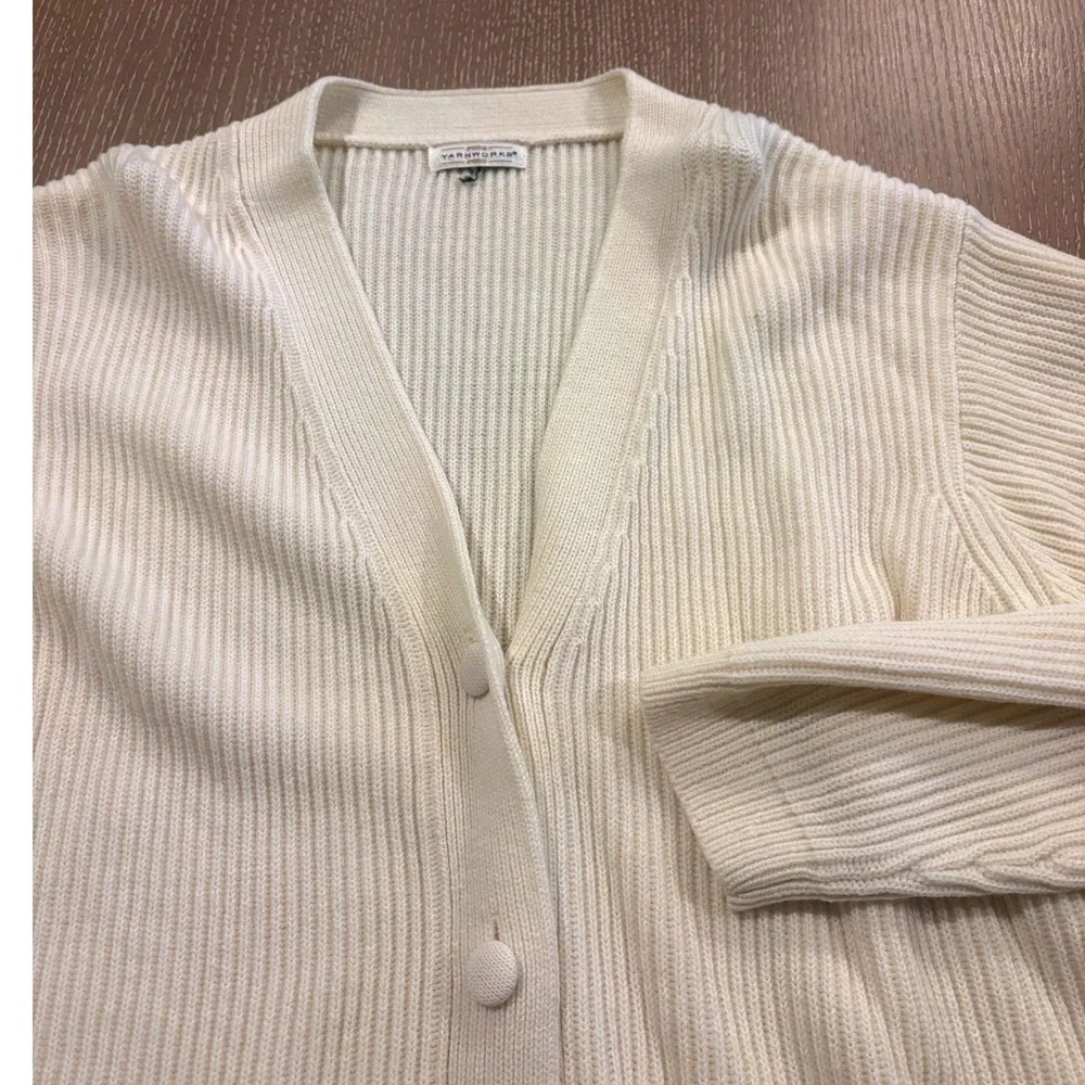 Yarnworks Womens Ribbed Cardigan‎ Sweater Off White Button Front Size M Longline